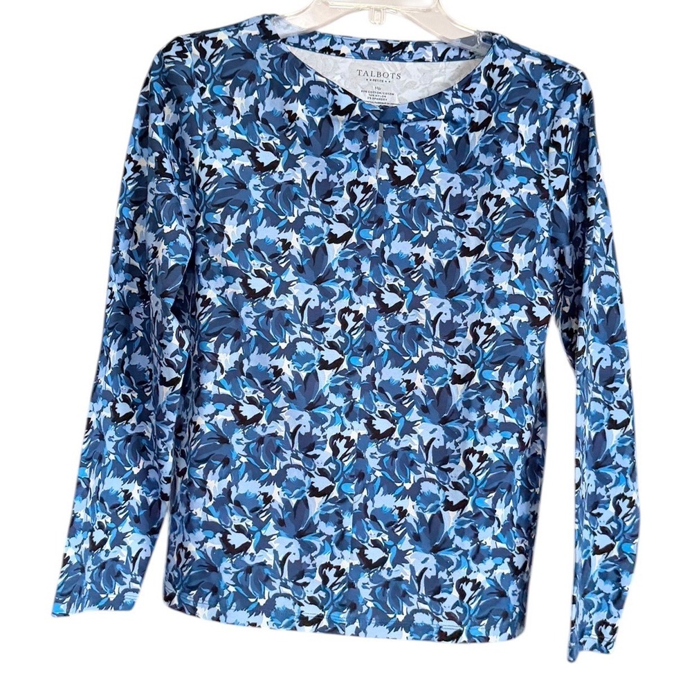 Talbots Petite Blue Floral Long Sleeve Keyhole Crew Neck Top Sz MP Cotton Blend